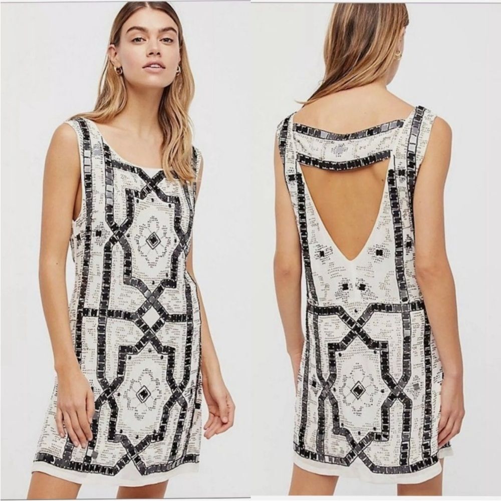 Free People Black & White Speak Easy Geometric Sequin Beaded Mini Dress Size 4